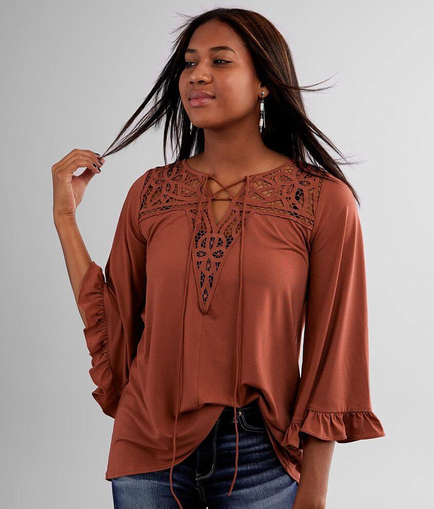 Daytrip Lace Crochet Yoke Split Neck Blouse - Women's Shirts/Blouses in  Marsala