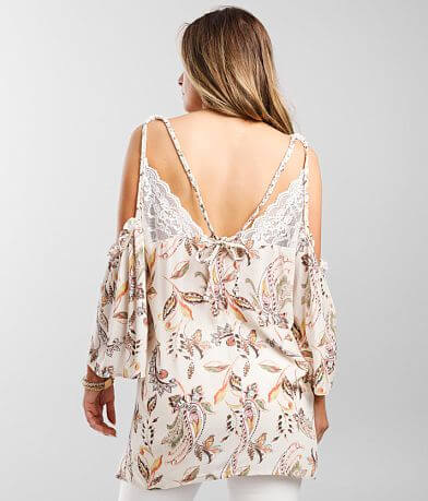 Gimmicks Lace V-Neck Flowy Cold Shoulder Top BACK