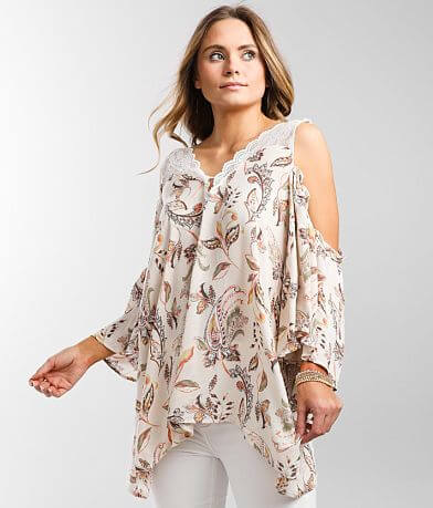 Gimmicks Lace V-Neck Flowy Cold Shoulder Top FULL_RIGHT_SIDE