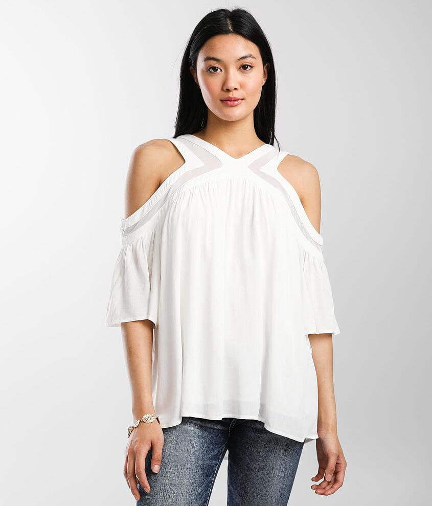 Buckle Black Woven Cold Shoulder Top front view