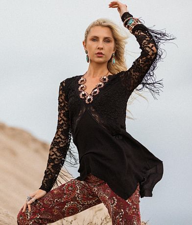 Sterling & Stitch Lace & Fringe Tunic Top front view
