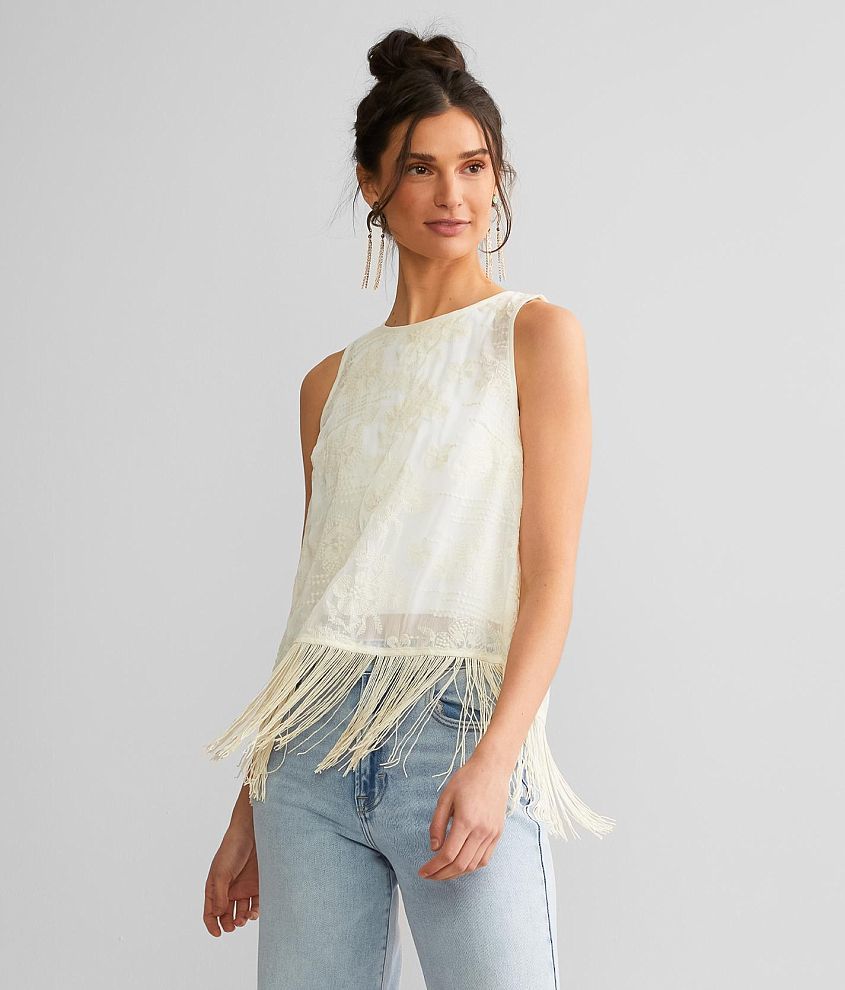 Sterling &#38; Stitch Embroidered Mesh Fringe Tank Top front view