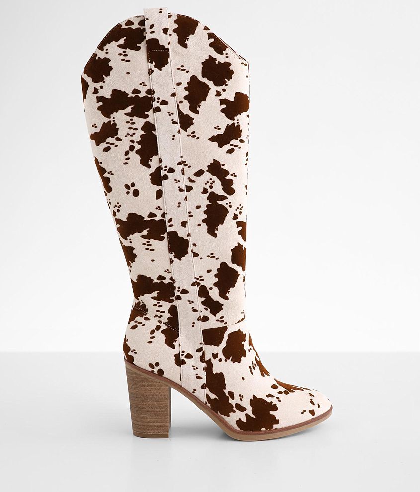 Mia Lorayne Cow Print Tall Boot Women's Shoes in Brown Cow Buckle