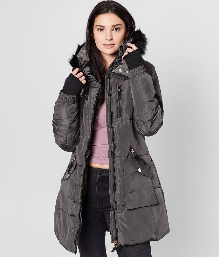 XOXO Quilted Puffer Hooded Coat Women s Coats Jackets in Steel