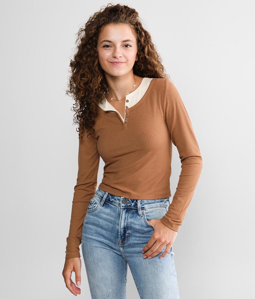 FITZ + EDDI Two Tone Cropped Henley - Women's Shirts/Blouses in Tan