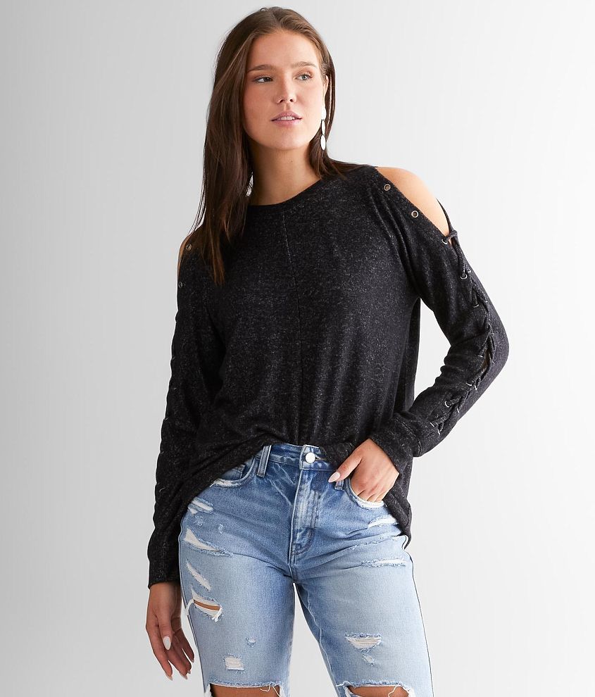 BKE Cold Shoulder Lace-Up Top front view