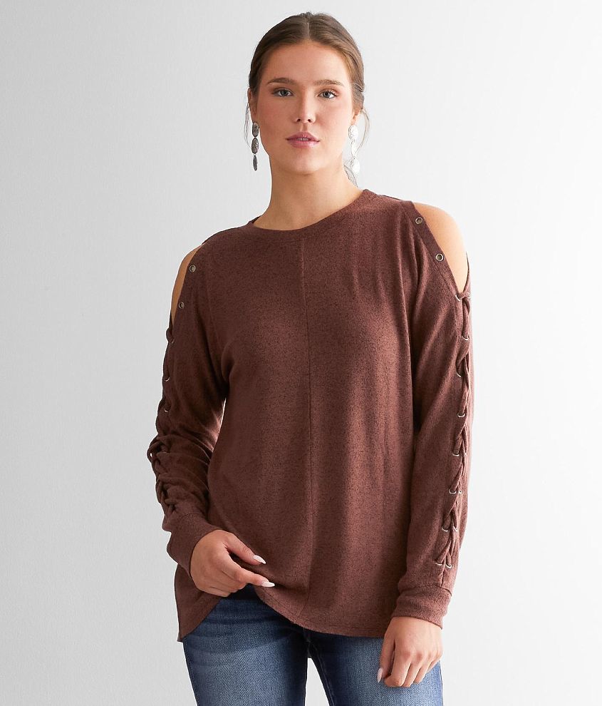 BKE Cold Shoulder Lace-Up Top front view