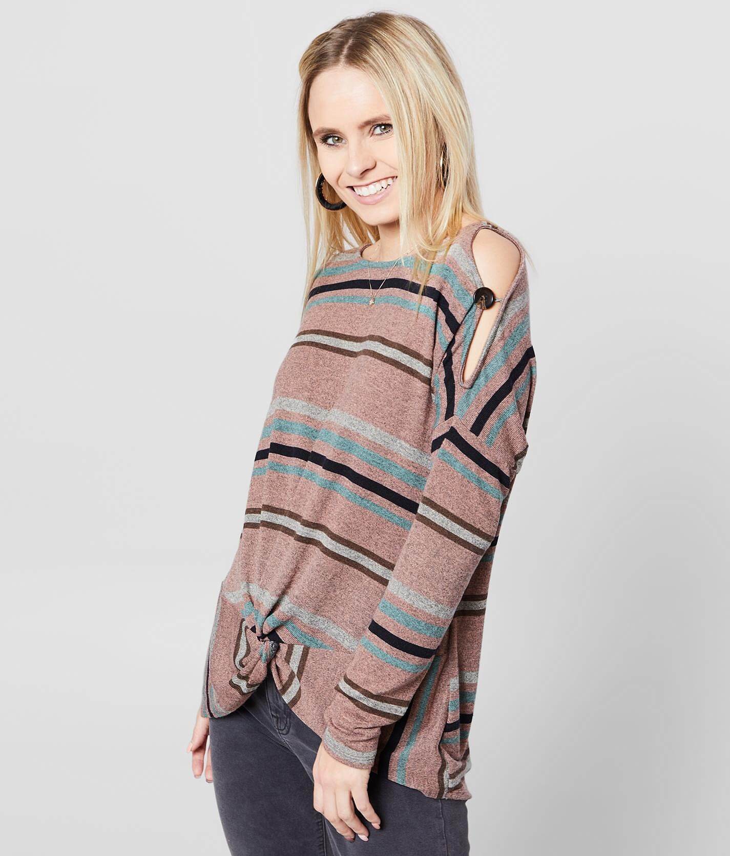 Haut Femme Cold Shoulder à Volants A New Day - Rayé Denim - Taille M - Coton 100% - Neuf Sans Étiquette