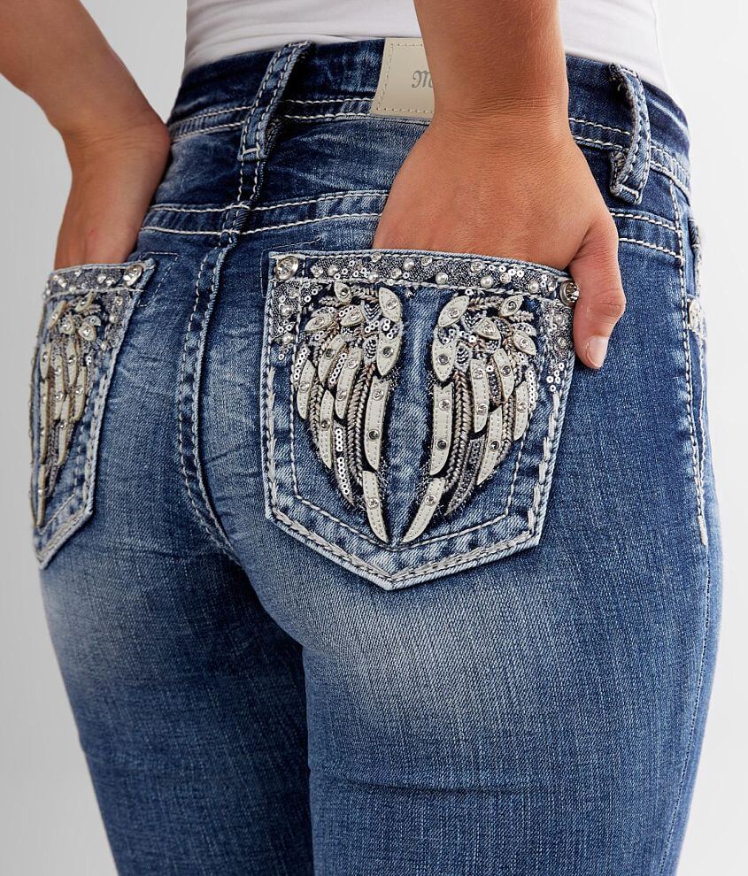 MISS ME JEANS Sz 29 Standard Skinny Angel Wing Pockets Leather Crystals  Distress