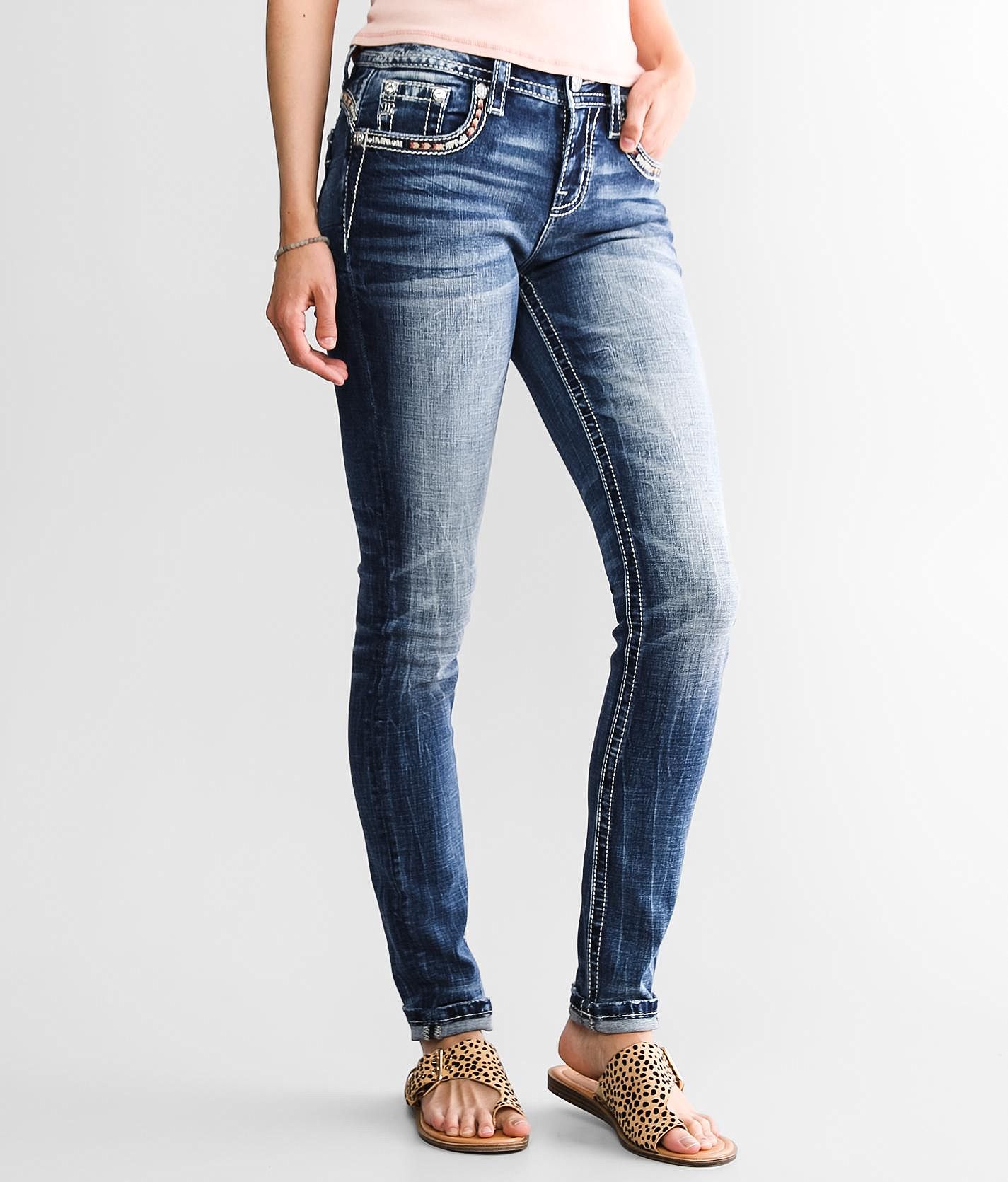 Jean Skinny Miss Me Taille 26 X 30 - Pochettes Embellies (broderies/paillettes) - Bleu Moyen - NEUF AVEC ÉTIQUETTES