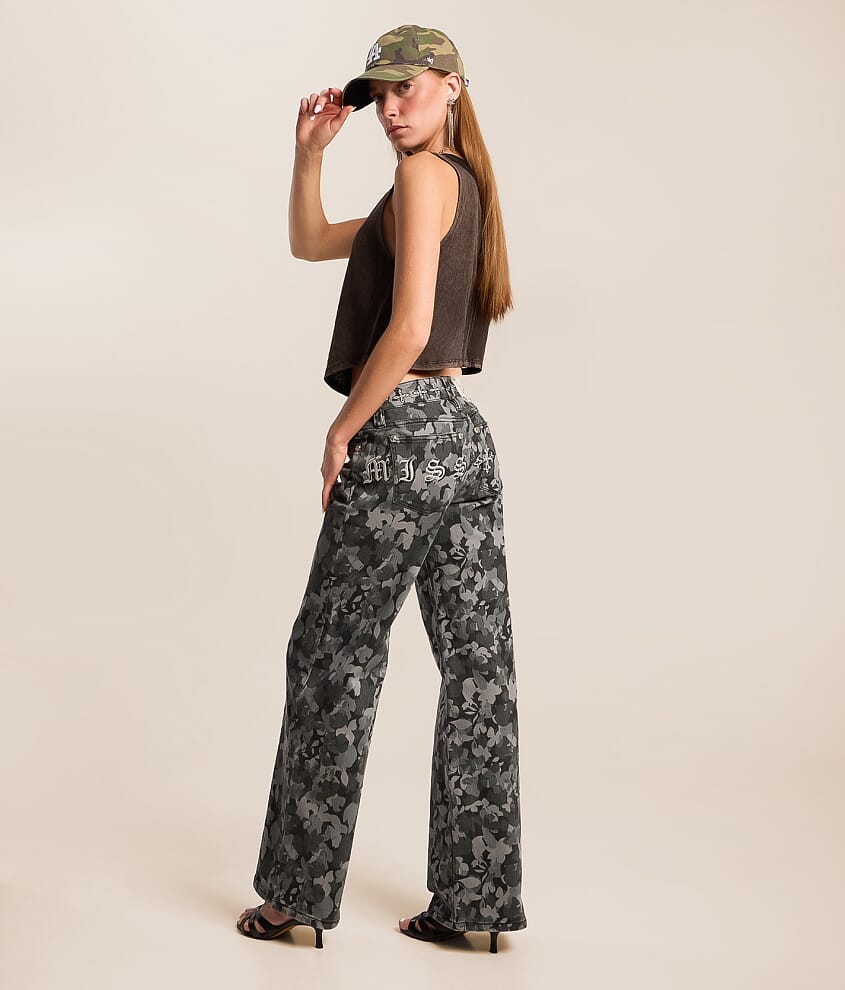Floral Mid-Rise Wide Leg Stretch Jean