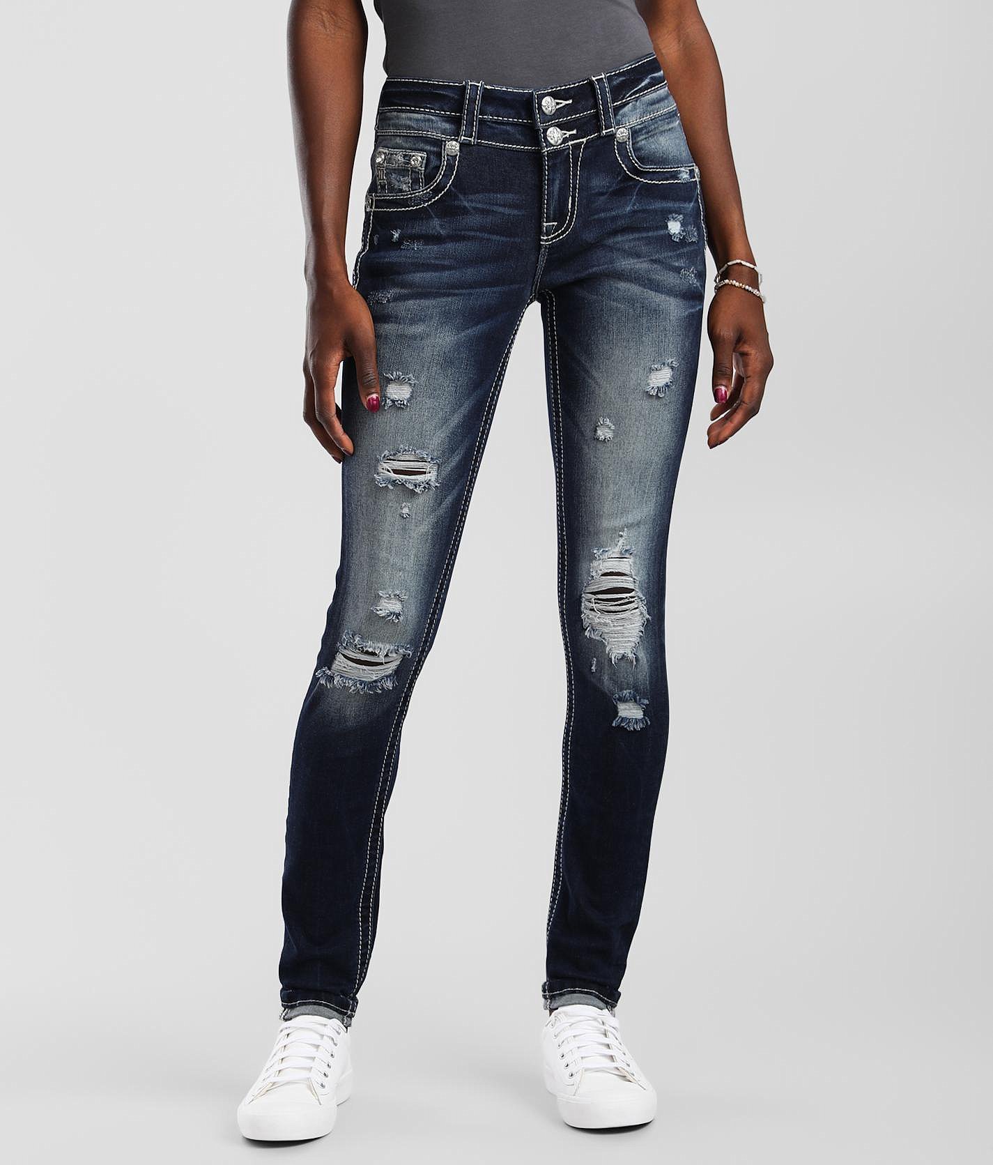 Jean Skinny MISS ME Taille Basse - Taille 24 X Longueur 31 - Brodé Strass - Occasion Très Bon état