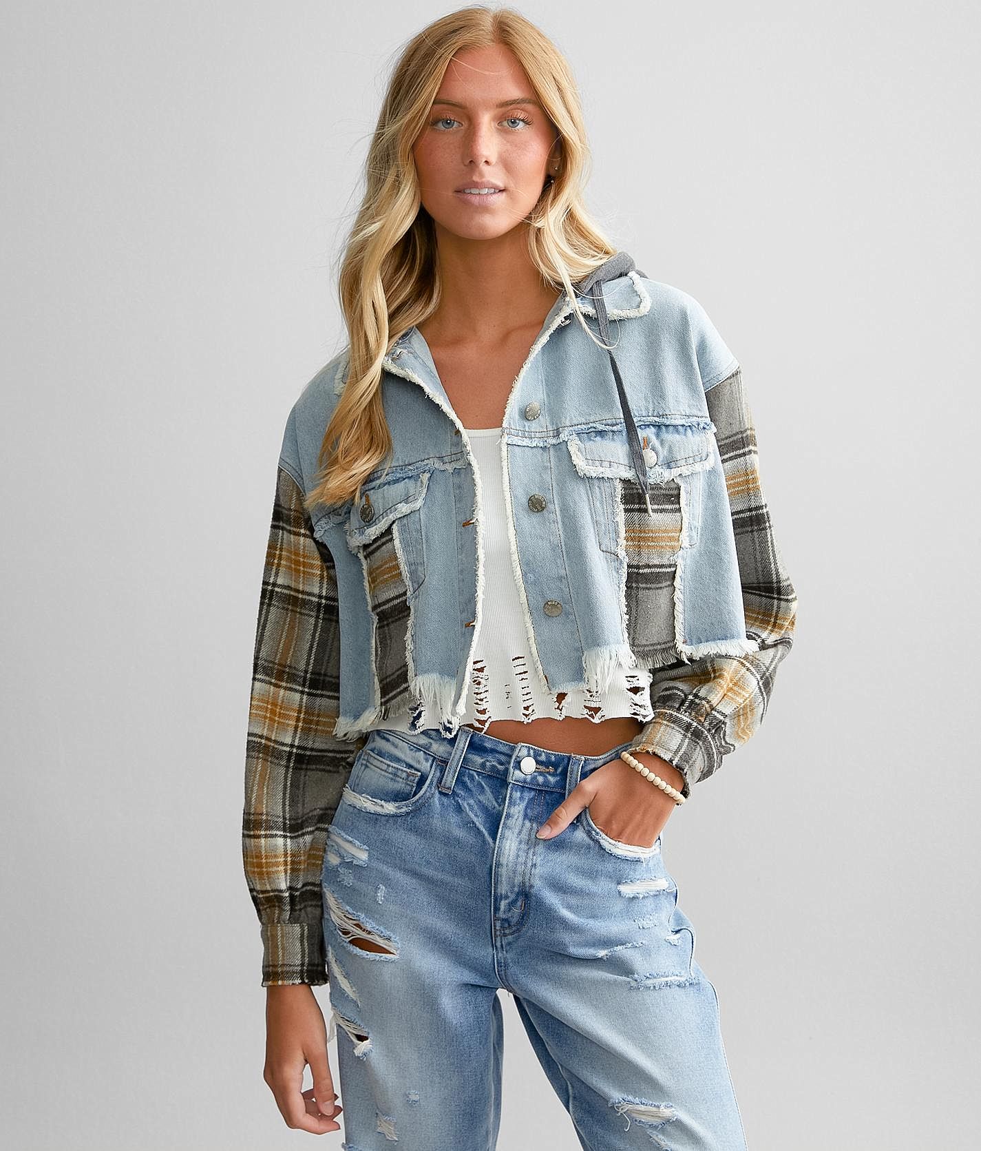 Miss Me Destructed Denim Cropped Jacket - Women's Coats