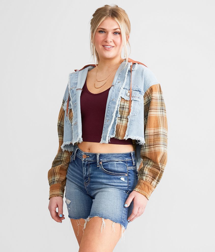 Miss Me Destructed Denim Cropped Jacket front view