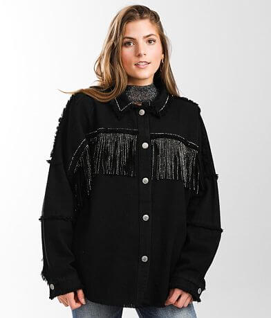 Miss Me Fringe Denim Jacket full left side view