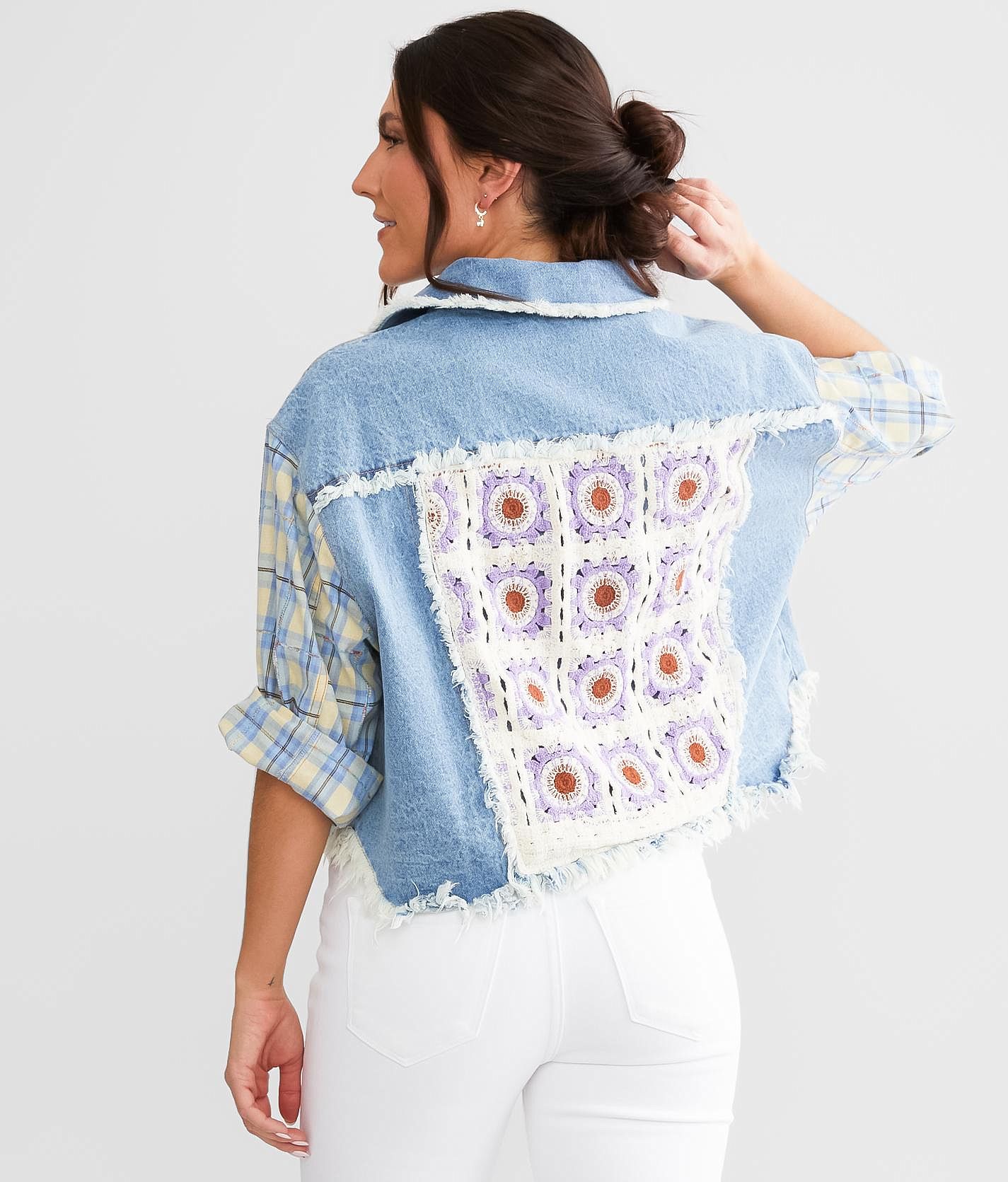 Miss Me Pieced Crochet Denim Jacket Women s Coats Jackets in Multi Blue Buckle