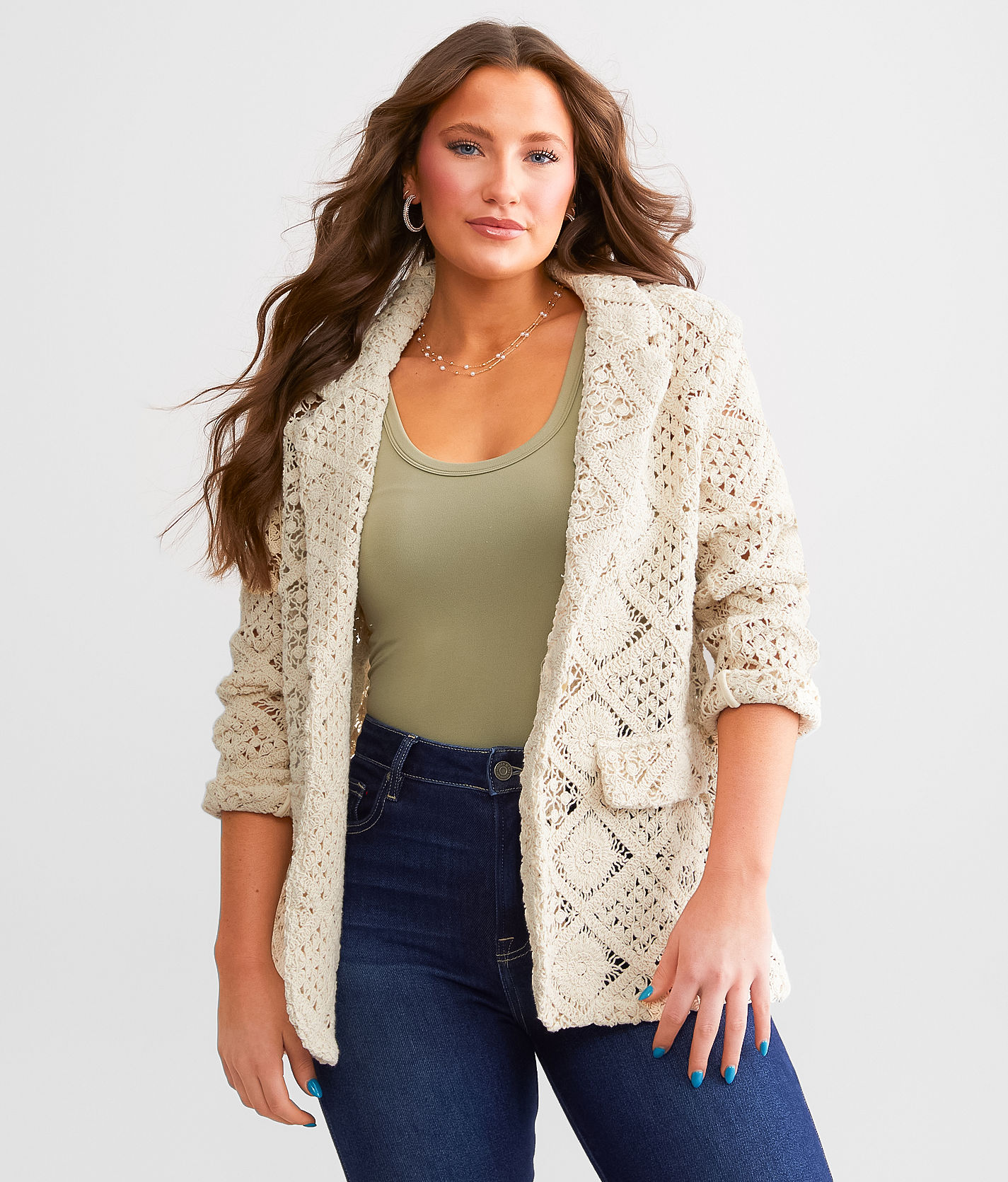 Miss Me Crochet Blazer Women s Coats Jackets in Natural Buckle