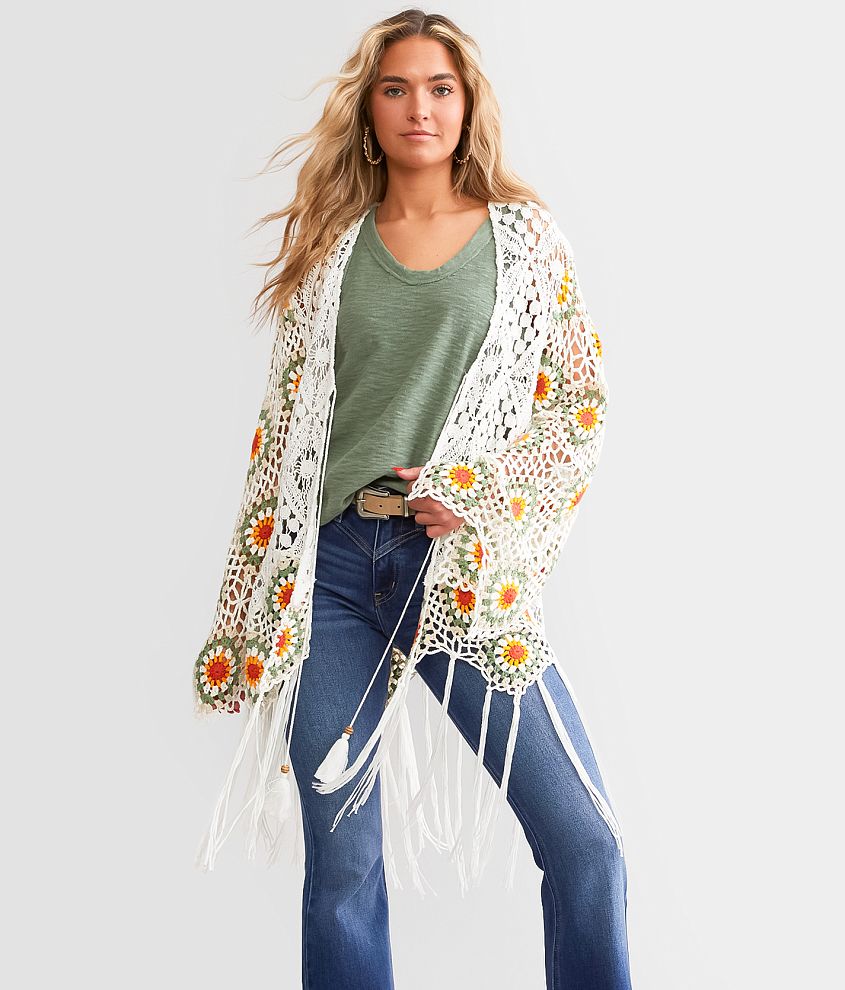 Miss Me Crochet Fringe Cardigan Women s Sweaters in Multi White Buckle