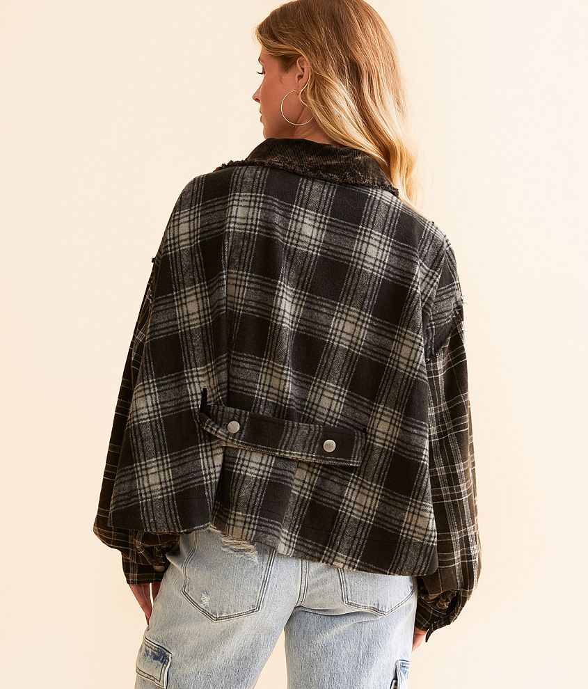 Pieced Plaid Washed Corduroy Jacket