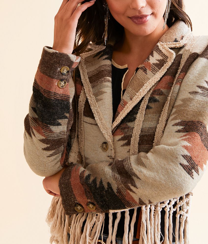 Aztec Macrame Fringe Cropped Blazer