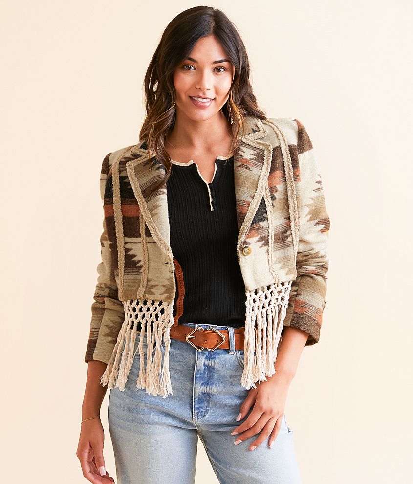 Miss Me Aztec Macrame Fringe Cropped Blazer front view