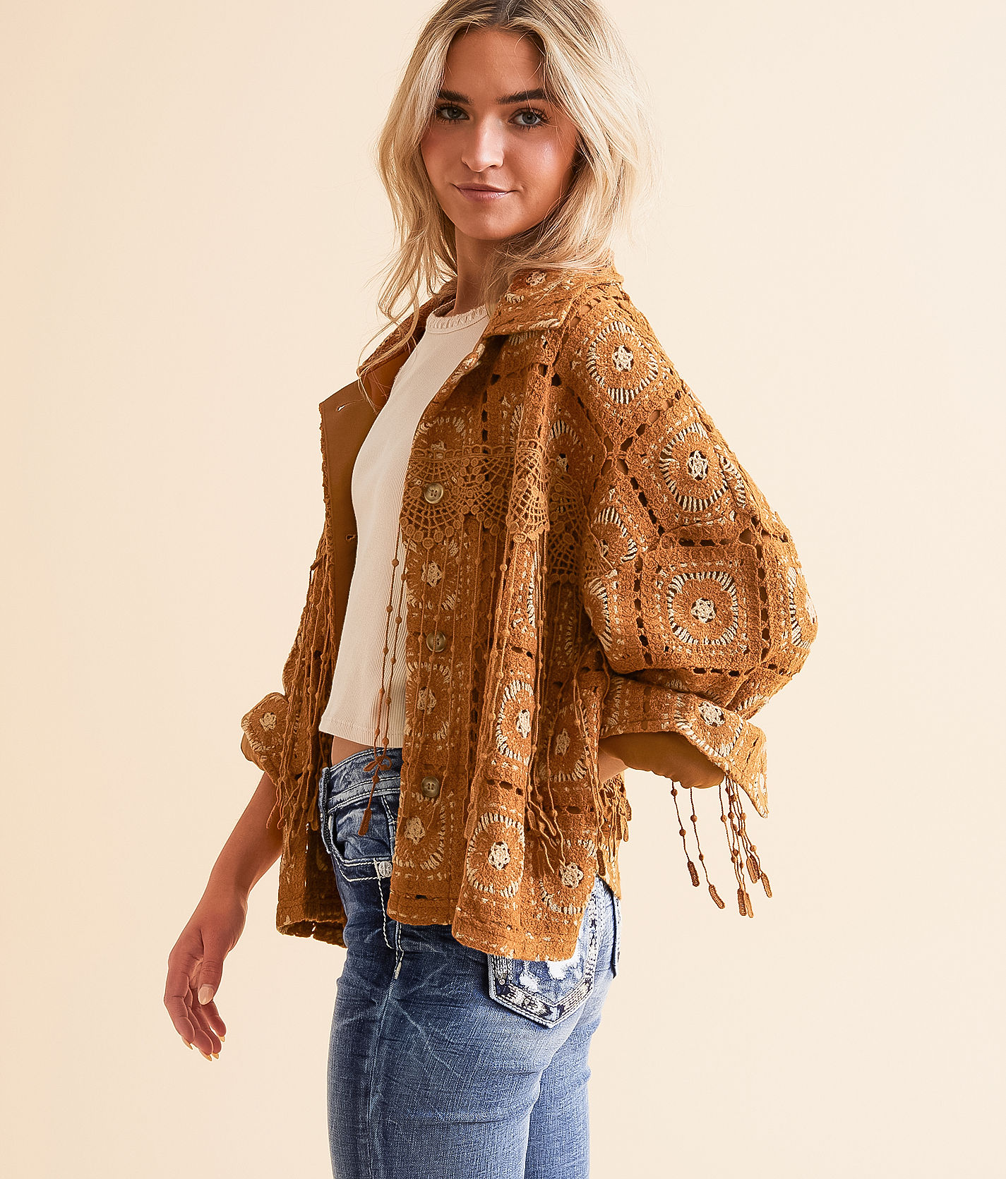 Miss Me Crochet Fringe Jacket - Women's Coats & Jackets in Camel