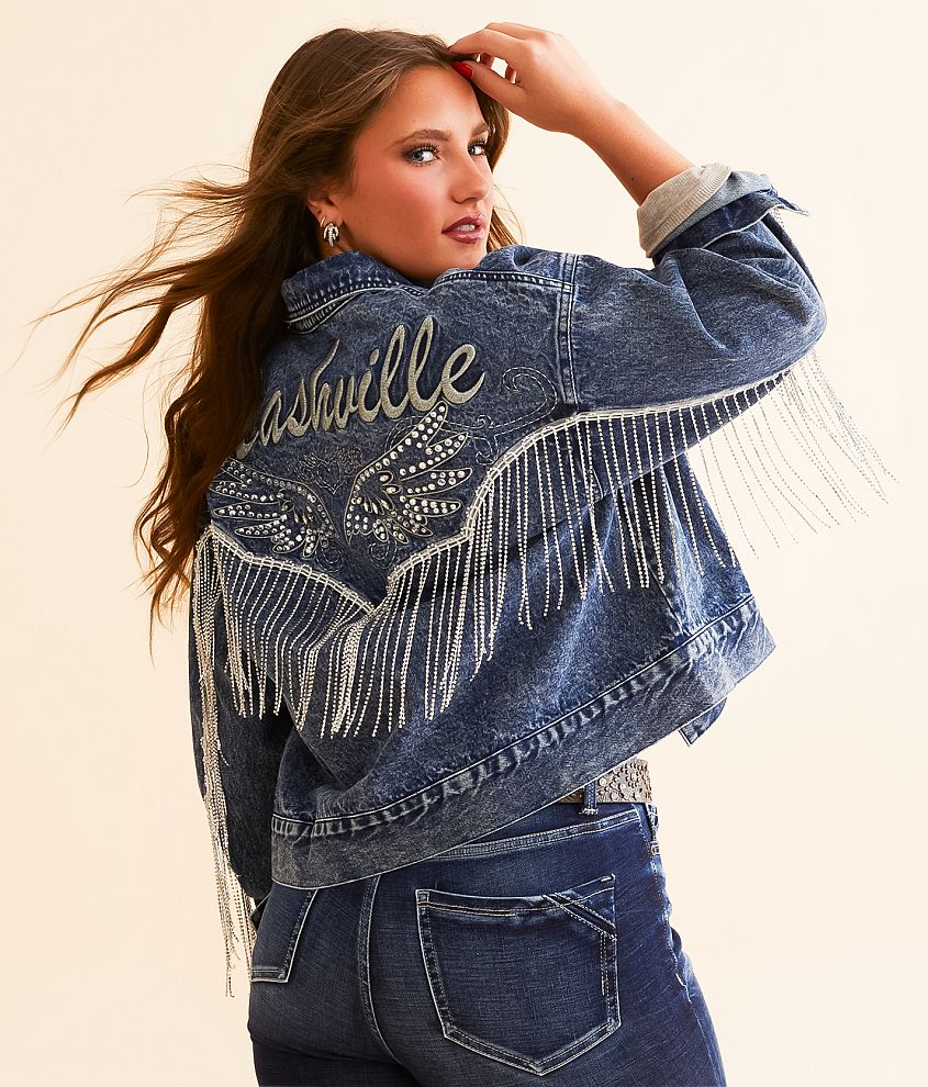 Miss Me Nashville Rhinestone Fringe Denim Jacket front view