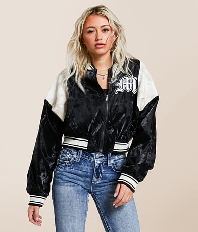 Miss Me Pieced Sheen Faux Leather Bomber Jacket front view