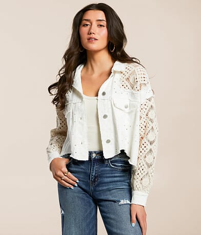 Miss Me Pieced Eyelet Denim Cropped Jacket front view