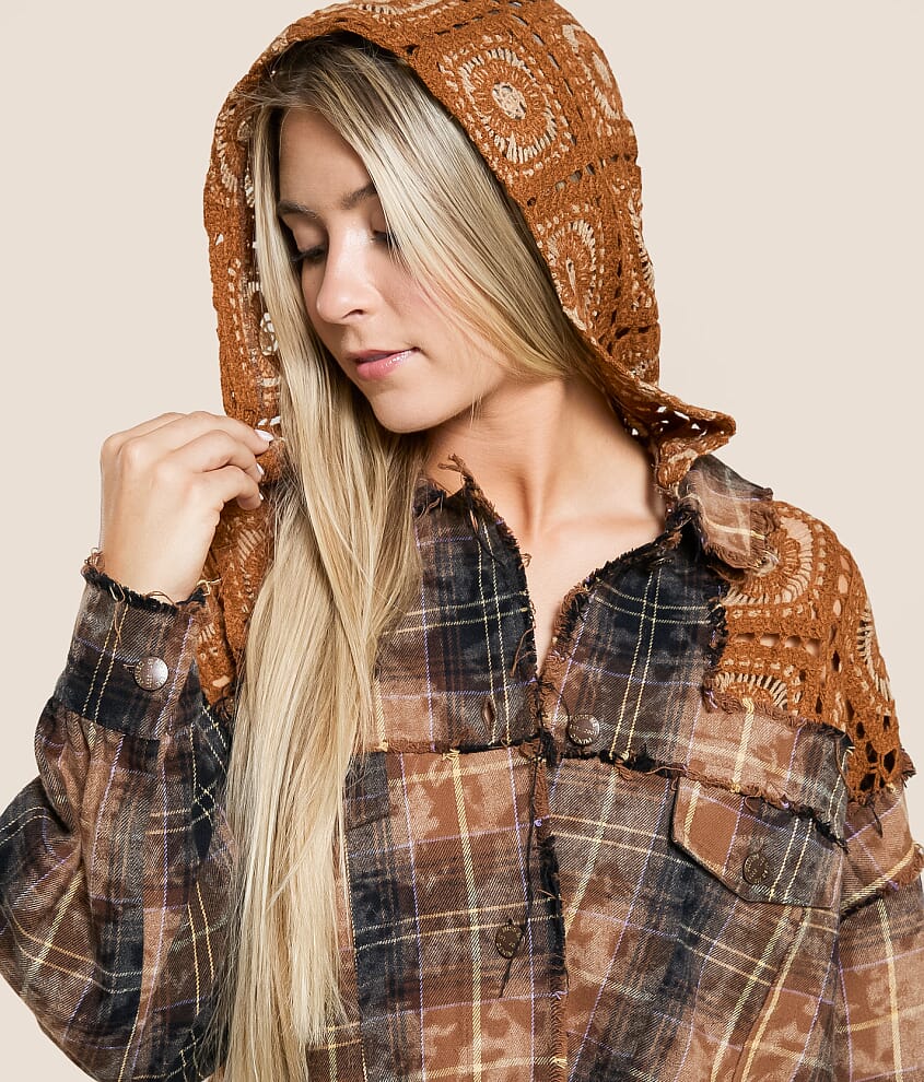 Washed Plaid Hooded Shacket - thumbnail 4