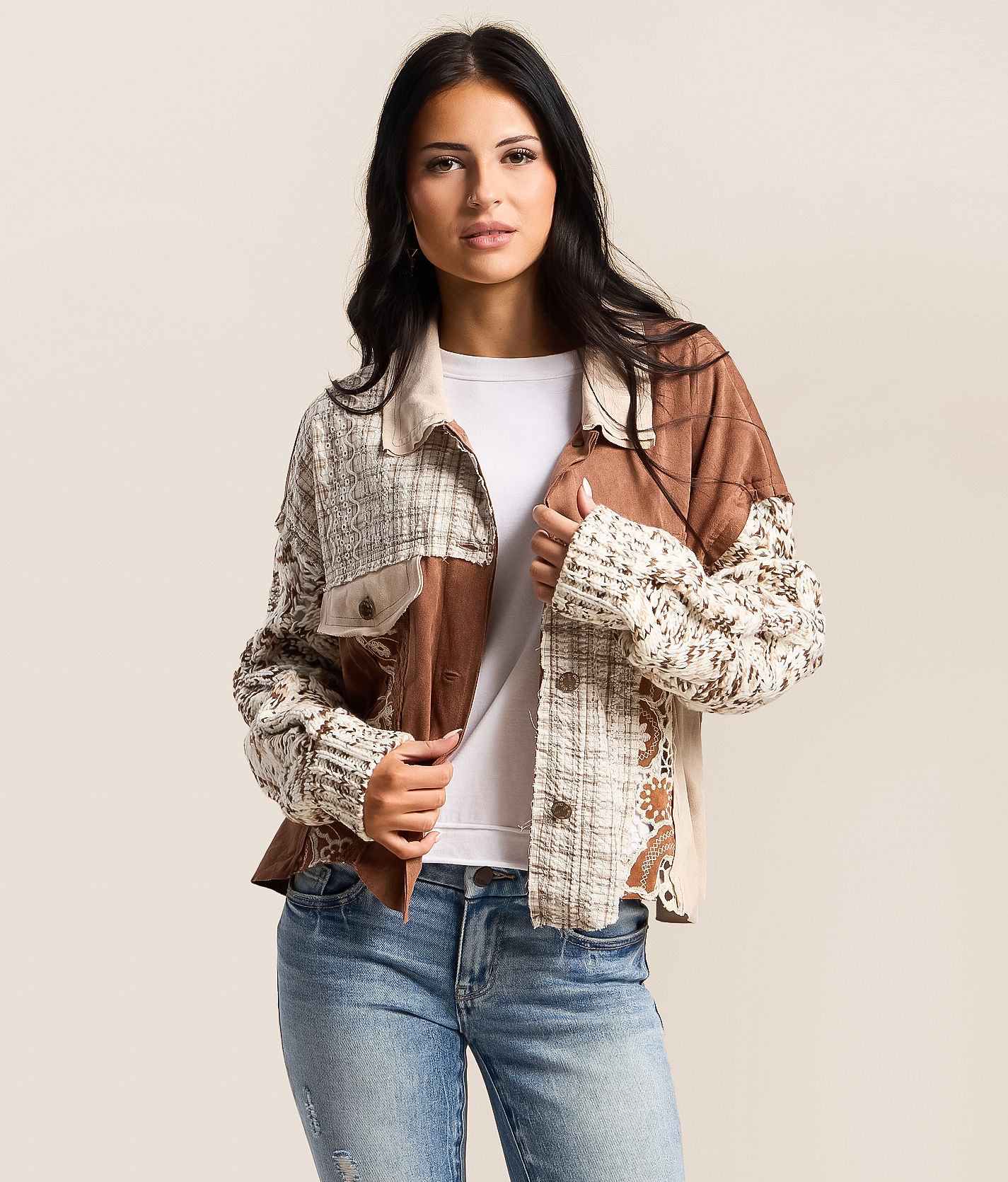 Miss Me Pieced Faux Suede Boxy Jacket - Women's Coats & Jackets in