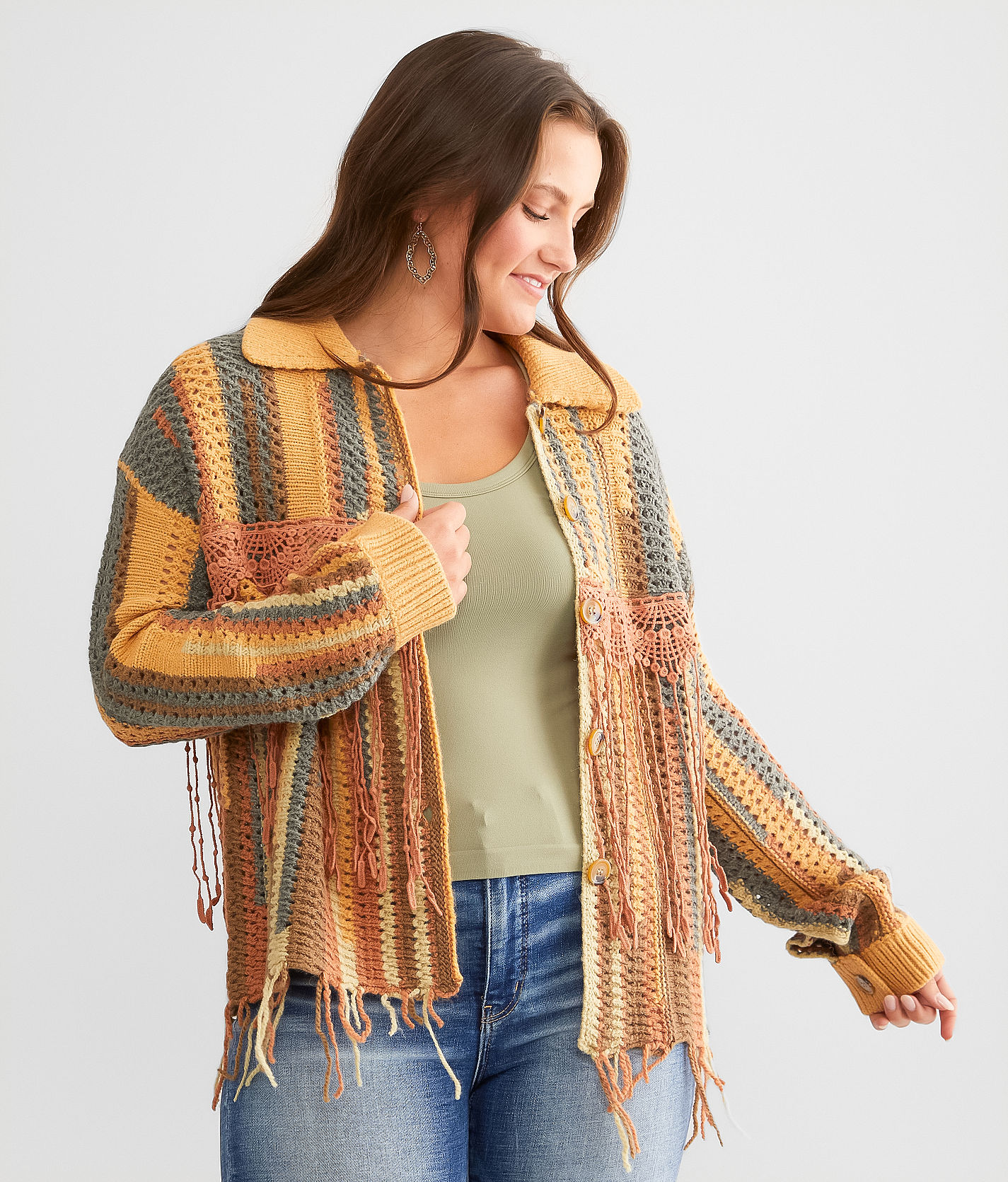 Miss Me Crochet Fringe Cardigan Sweater - Women's Sweaters in Rust