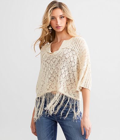 Miss Me Crochet Fringe Cropped Sweater front view