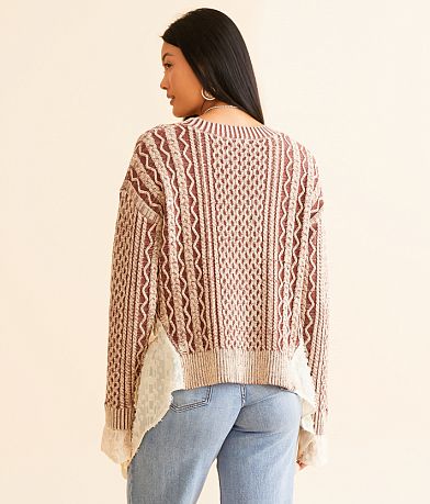 Miss Me Cable Knit Pieced Mesh Sweater BACK