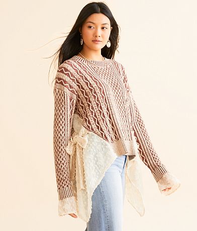 Miss Me Cable Knit Pieced Mesh Sweater front view