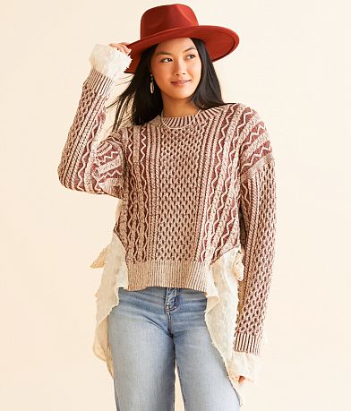 Miss Me Cable Knit Pieced Mesh Sweater FULL_LEFT_SIDE