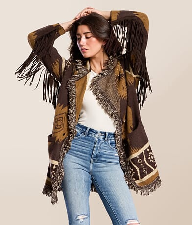 Miss Me Western Fringe Cardigan Sweater front view