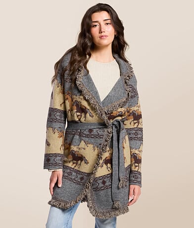 Miss Me Western Fringe Cardigan Sweater front view