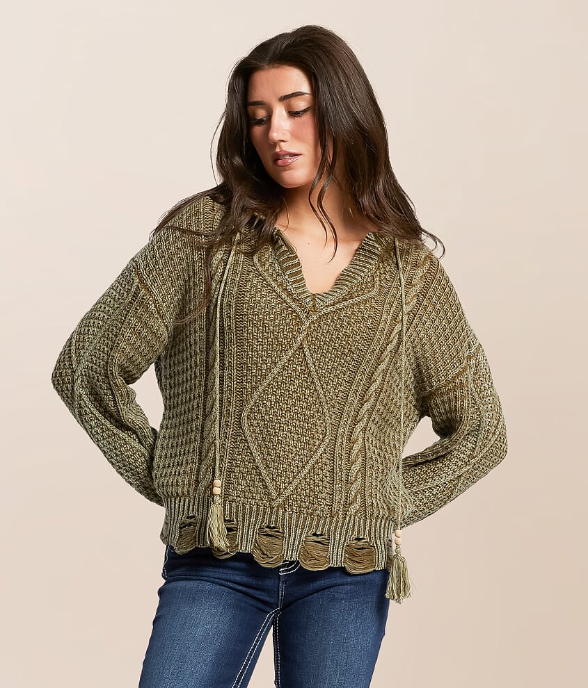 Destructed Cable Knit Hooded Sweater