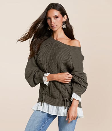 Miss Me Chiffon Trim Lace-Up Sweater front view