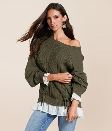 Miss Me Chiffon Trim Lace-Up Sweater front view