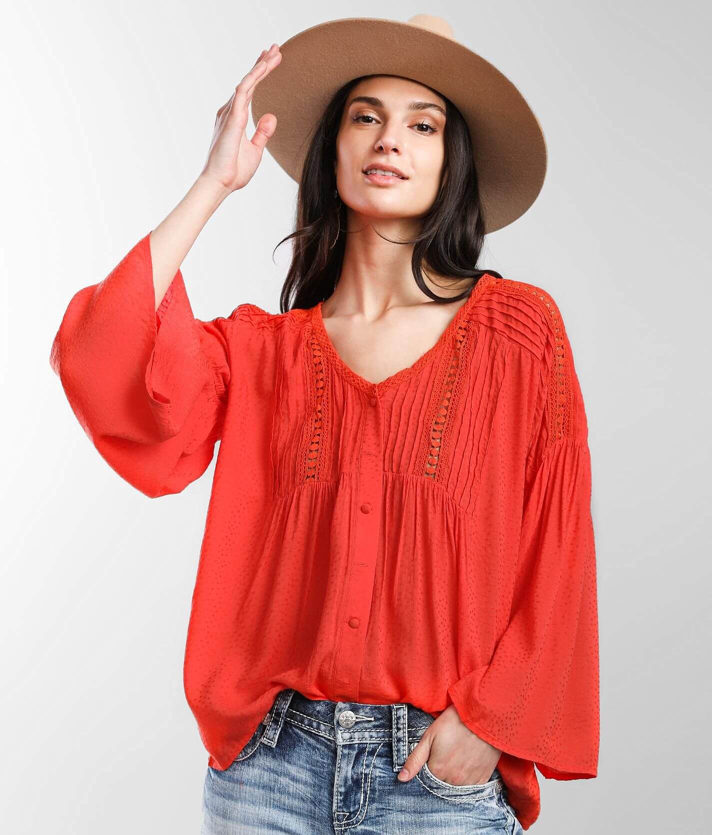 Miss Me Jacquard Peasant Blouse - Women's Shirts/Blouses in Coral