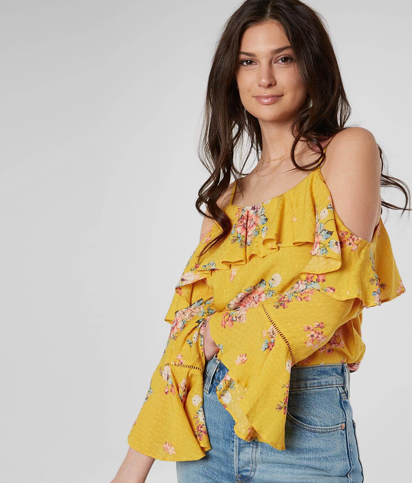 yellow floral cold shoulder top