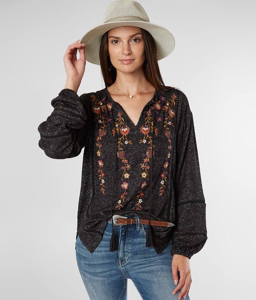 Miss Me Floral Embroidered Peasant Top front view