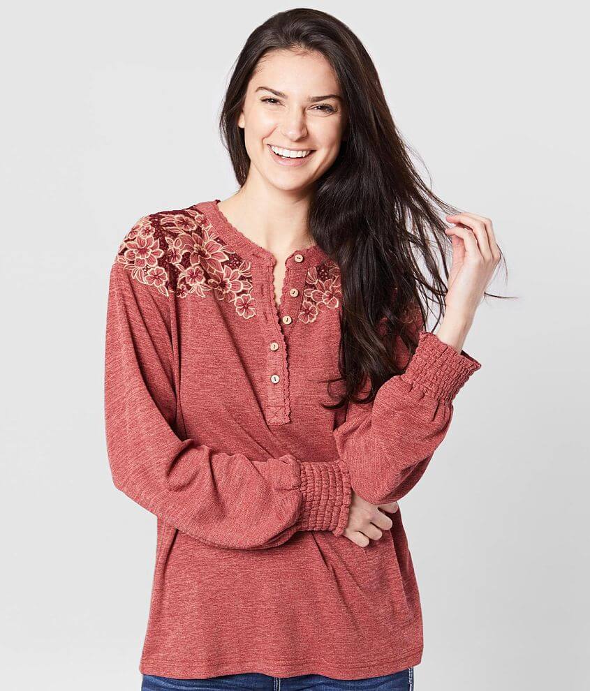 Miss Me Floral Henley Top Women's Shirts/Blouses in Brick Red Buckle