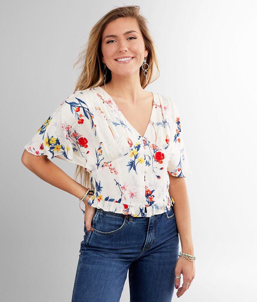 Miss Me Floral Ruffle Cropped Top - Women's Shirts/Blouses in Cream ...