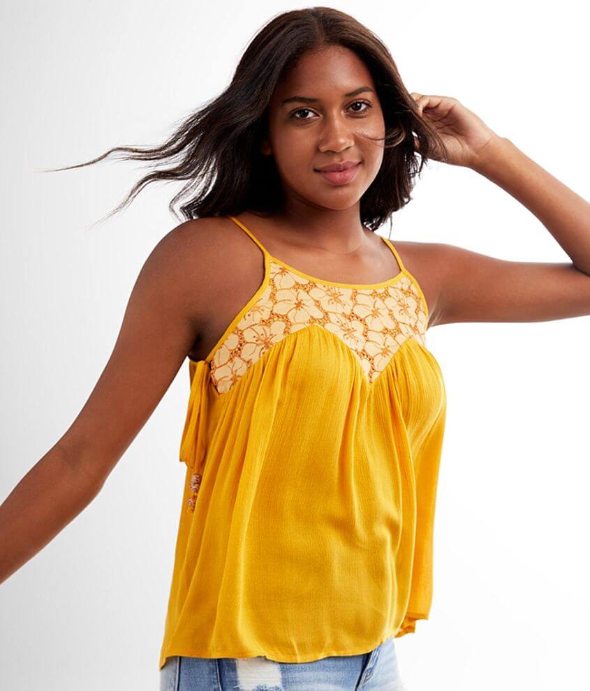 Miss Me Floral Embroidered Flowy Crinkle Tank Top - Women's Tank Tops in  Mustard Yellow