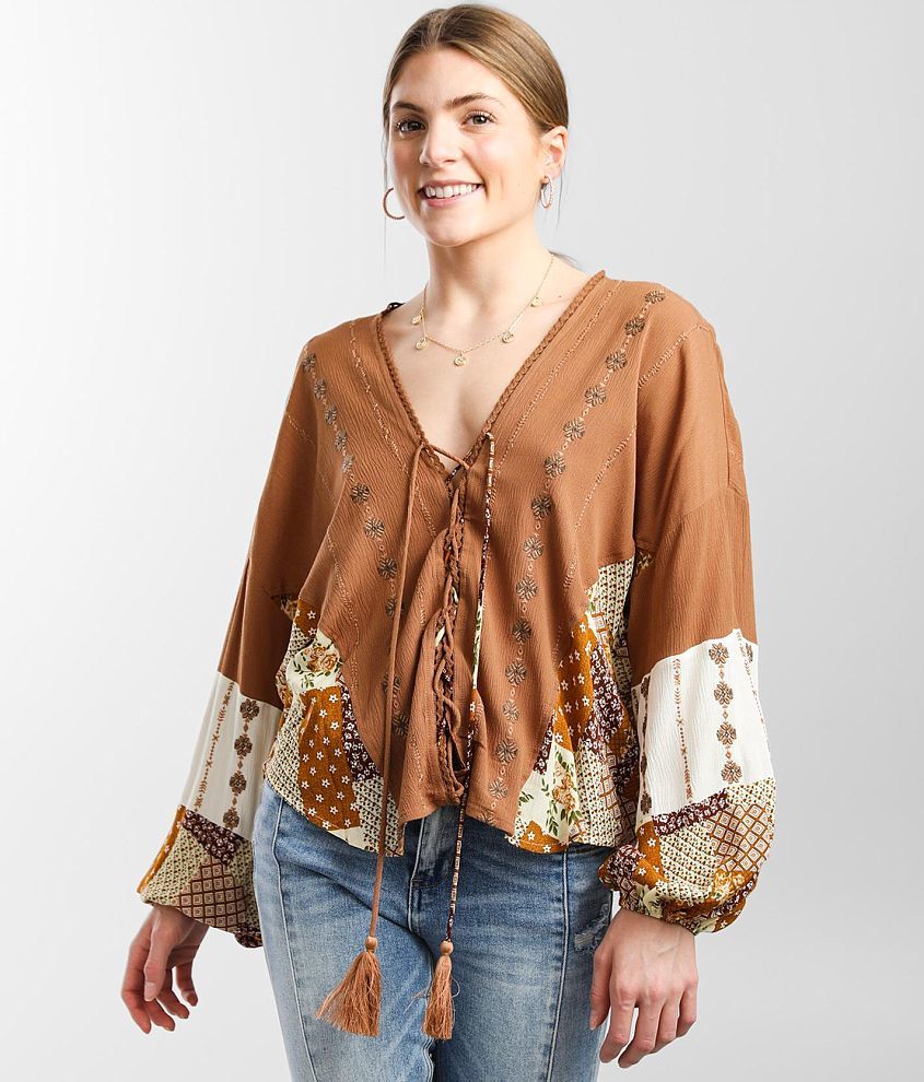 Miss Me Patchwork Lace-Up Top front view