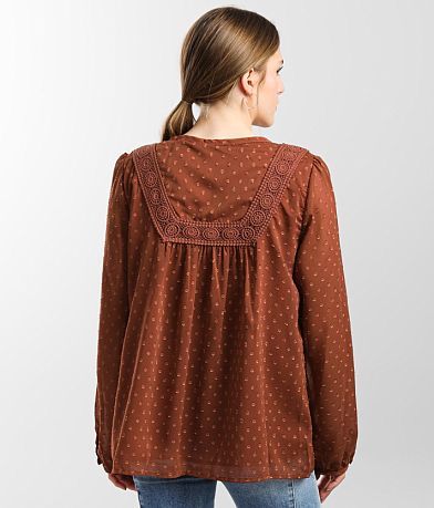 Miss Me Split Neck Swiss Dot Blouse BACK