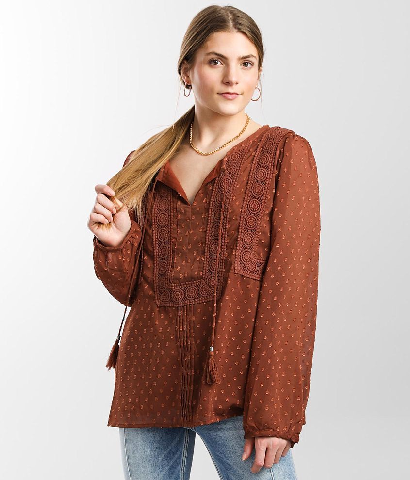 Border Print Burgundy Peasant Top, Lucky Brand